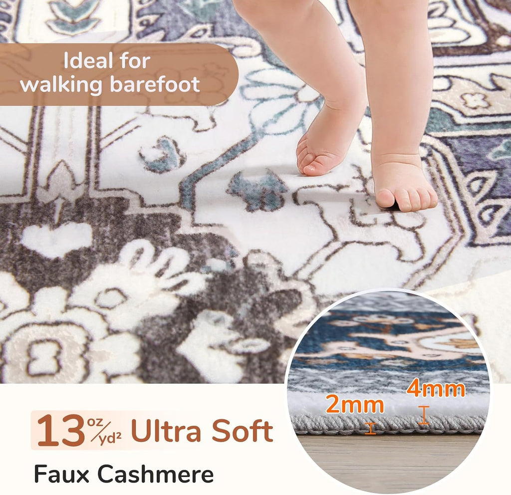 Soft 10x14 Area Rugs, Washable Rugs 10x14 with Non Slip Backing, Low-Pile Faux Cashmere 10 x 14 Carpet, Navy Blue & Gold