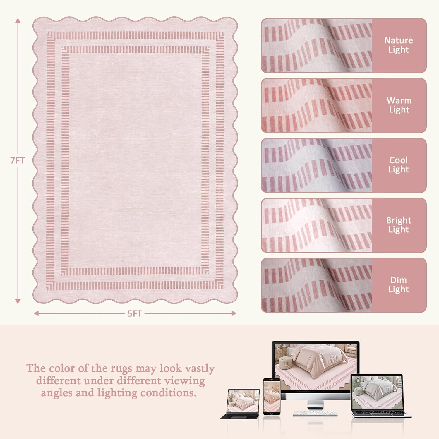 Pink Rugs for Bedroom Girls, 5x7 Washable Non Slip Area Rugs for Living Room, Soft Vintage Ultra-Thin Scalloped Carpet for Nursery Dorm Home Decor