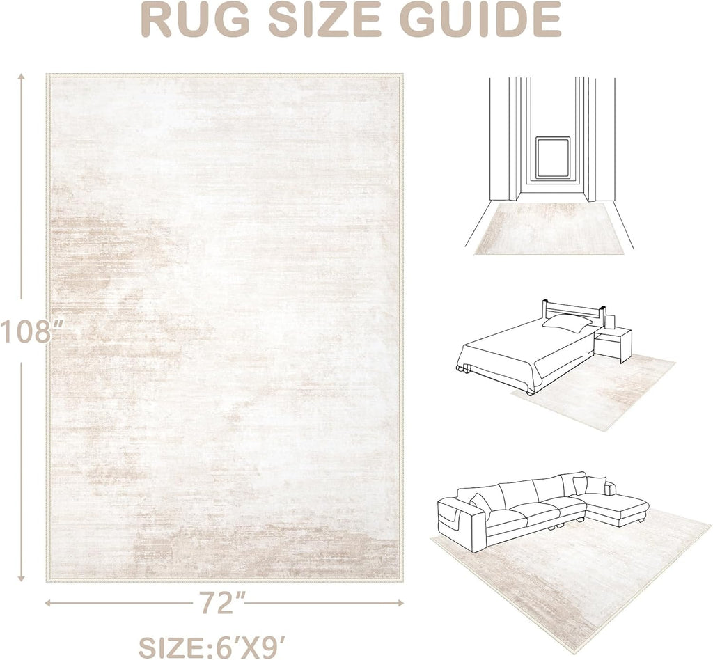 Area Rugs 6x9 Living Room: Washable Rug Modern Abstract Large Rug Soft Non Slip Neutral Rugs Stain Resistant Indoor Carpet for Bedroom Kitchen Dining Room Table Nursery Home Office Rugs(Beige,6'x9')