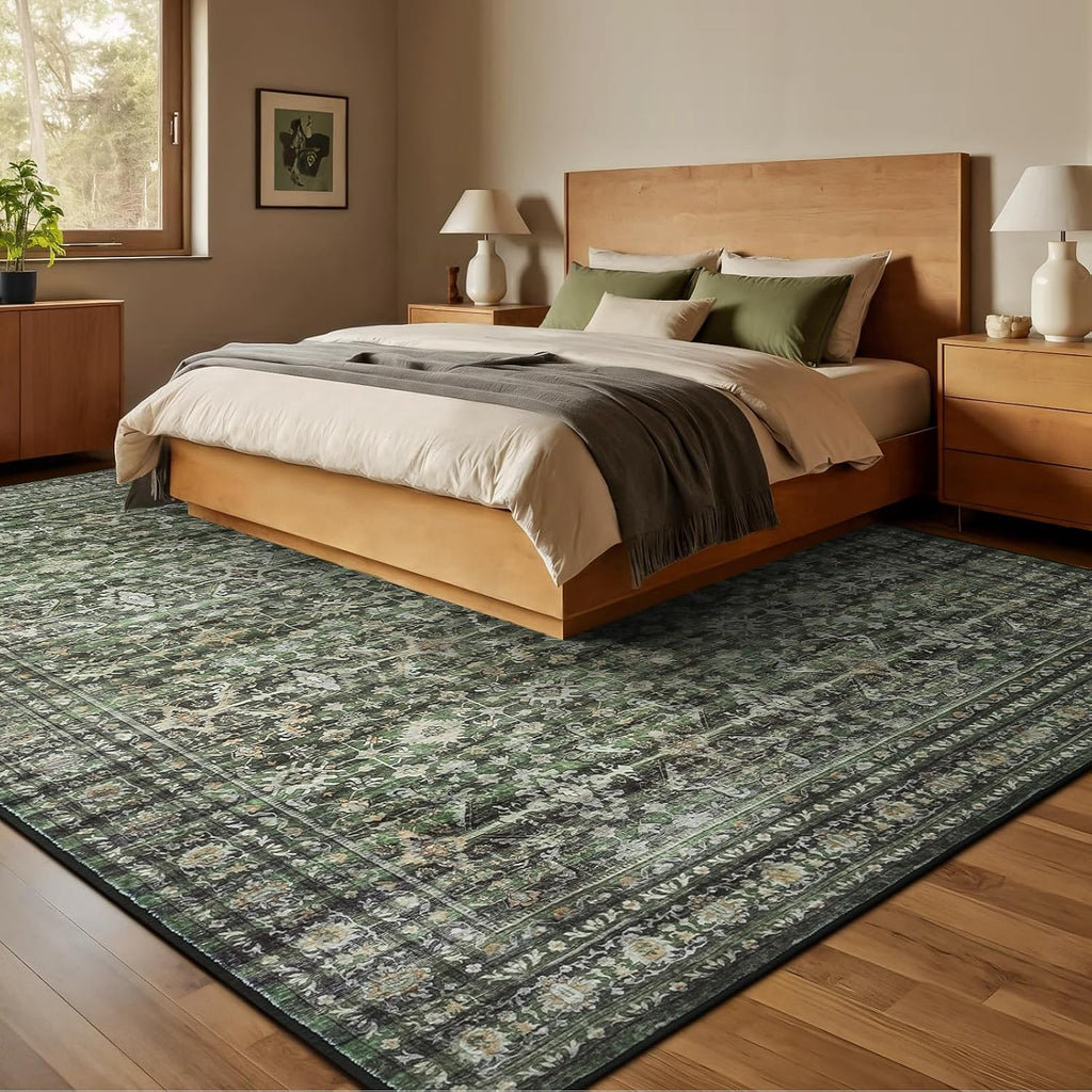 8x10 Area Rug for Living Room,Green Washable Large Rugs with Non-Slip Backing,Soft Boho Carpets for Bedroom Dining Room Home Office Indoor Nursery