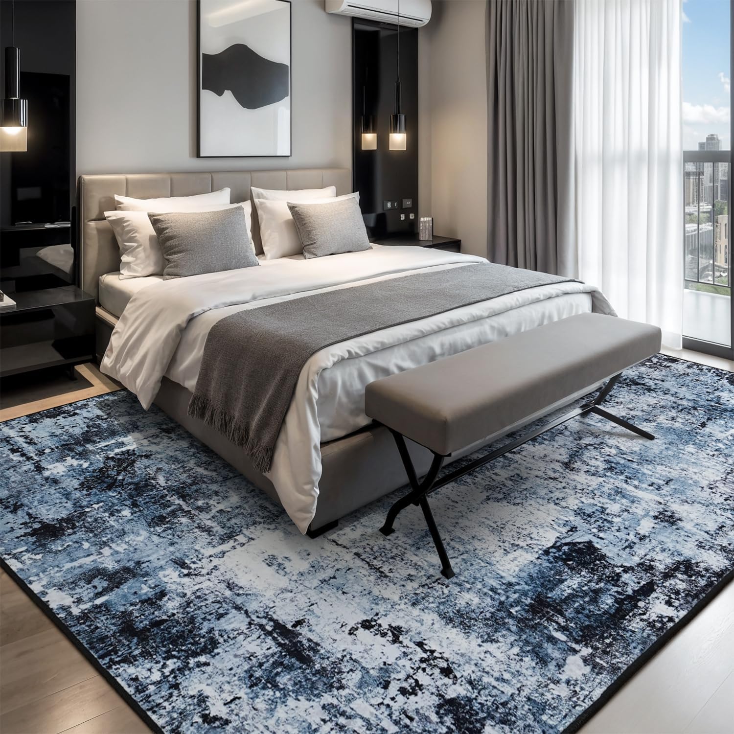 8x10 Area Rugs for Living Room, Washable Large Rug Stain-Resistant Low Pile, Modern Dark Carpet for Dining Room Home Office Kid Room Nursery Bedroom, Navy Blue/Black