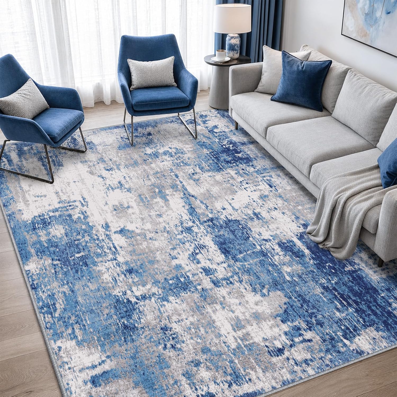 Washable Area Rugs 5'x7' Non-Slip Modern Abstract Soft for Living Room Entryway Bedroom Kitchen, Print Pattern, Blue Grey Navy Gray