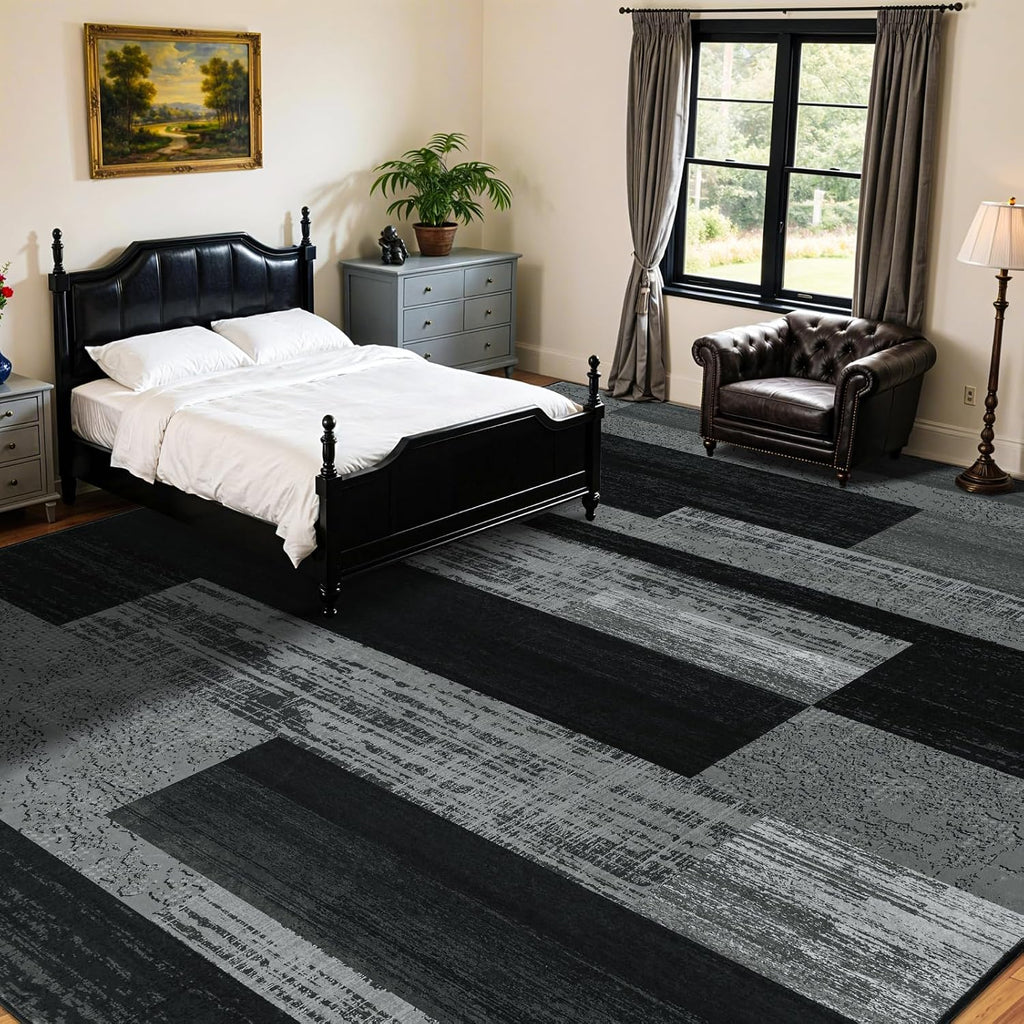 8x10 Washable Area Rugs for Living Room and Bedroom, Vintage Checkered Pattern Non-Slip Carpet, Stain Resistant Low Pile Soft Rug for Dining Room,Office,Nursery,Kids Room(8x10,Gray)