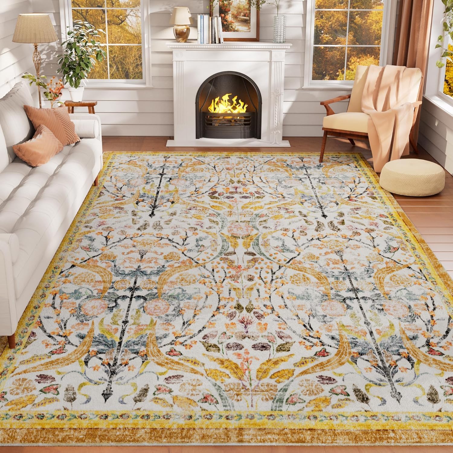 9x12 Washable Area Rugs for Living Room, Non-Slip&Non-Shedding Floral Large Soft Boho Vintage Print Carpet for Bedroom Girls Room Dorm Dining Room Farmhouse Nursery Home Office, Golden Yellow