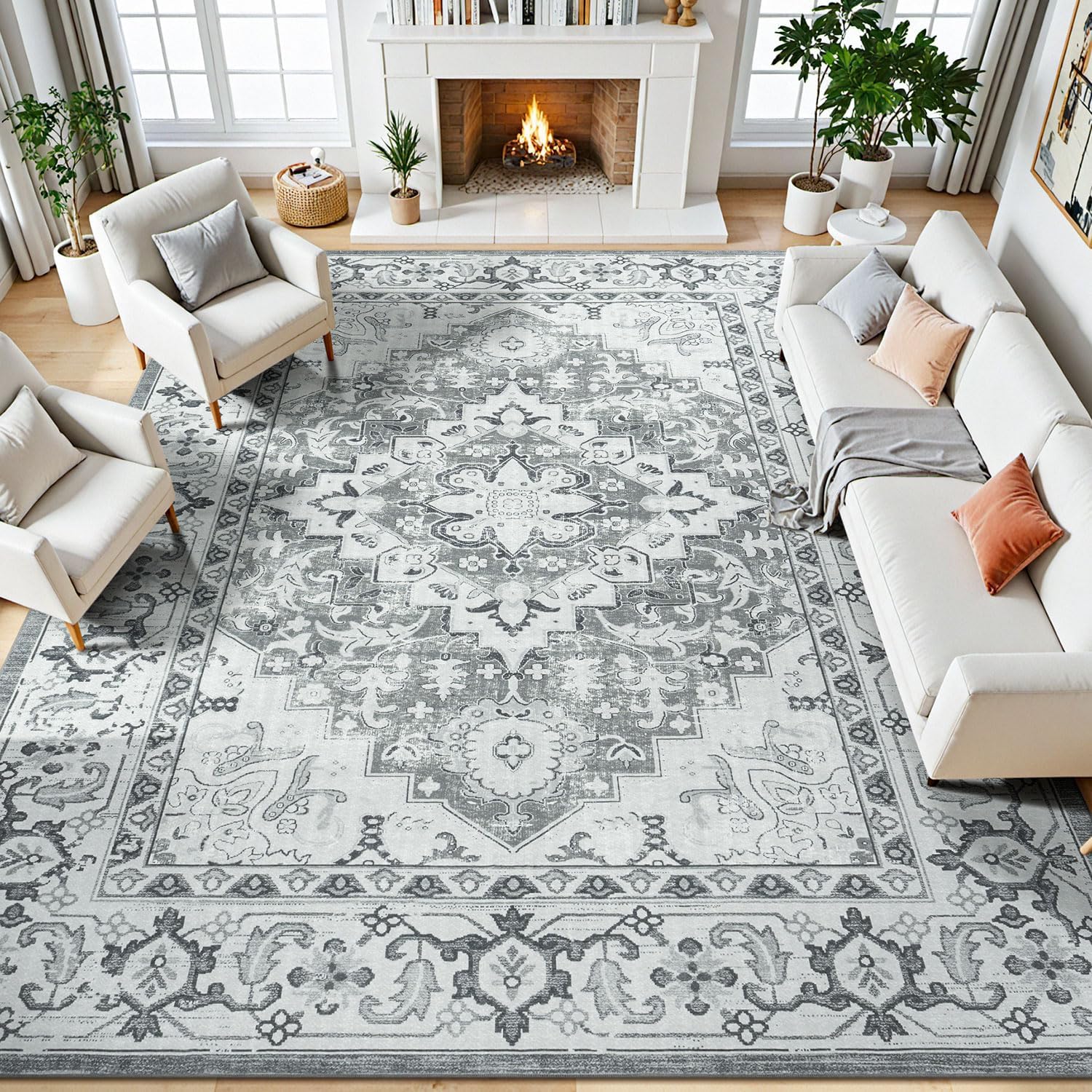 8 x 10 Area Rugs for Living Room- Machine Washable Area Rugs Boho Faux Wool Low Pile Area Rug for Bedroom, Floral Medallion Vintage Rugs with Non-Slip Rubber, Kid & Pet Friendly, Grey White