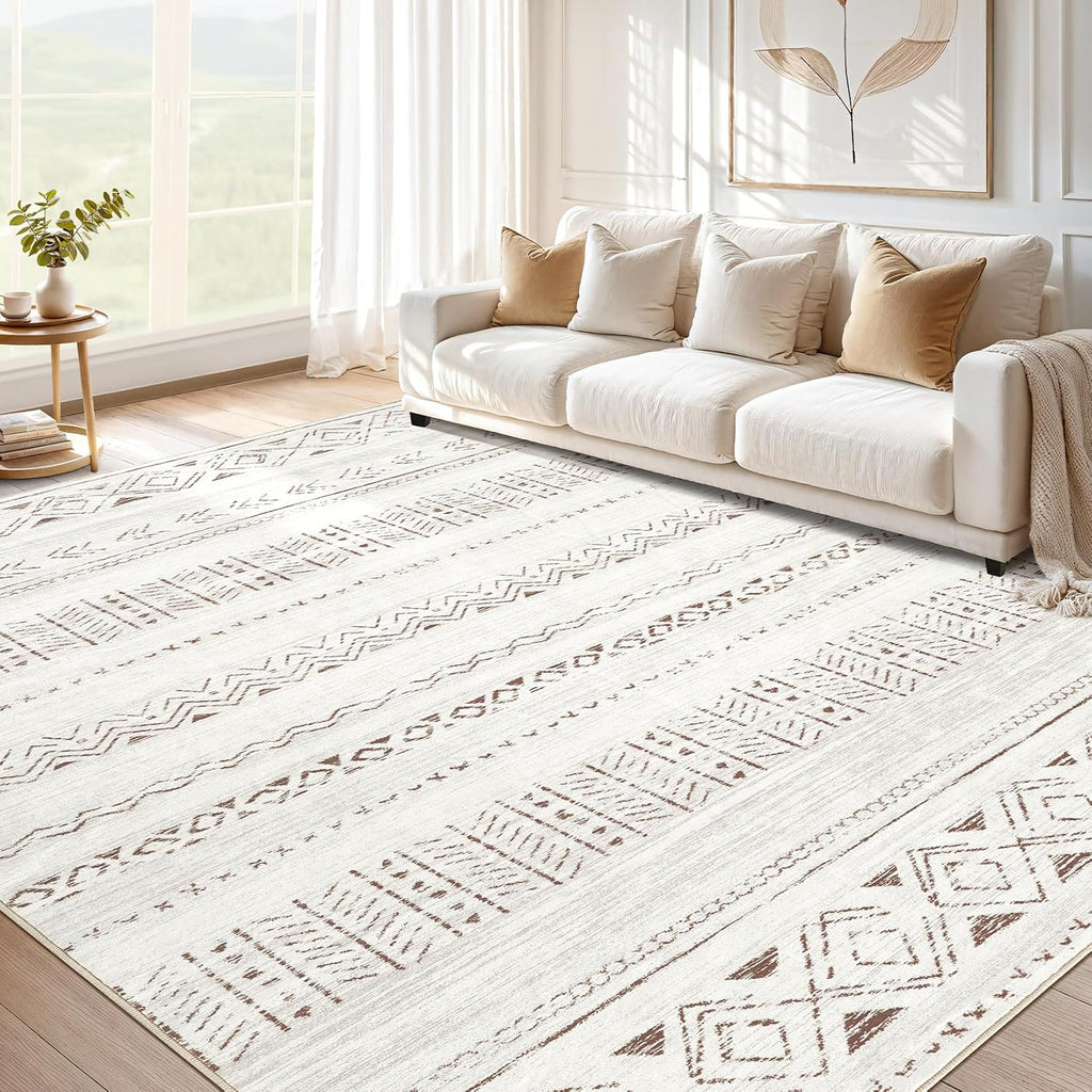 5x7 Area Rugs Living Room Rug: Washable Boho Rugs with Non Slip Backing Large Soft Indoor Stain Resistant Carpet for Bedroom Farmhouse Dining Room Lightweight Home Decor L Brown/Cream