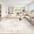 Area Rug 8x10 Washable Rug, Vintage Boho Medallion Rugs Non-Slip Soft Low Pile Large Distressed Rug Indoor Retro Carpet for Living Room Bedroom Dining Room Office Children's Room(Beige, 8'x10')
