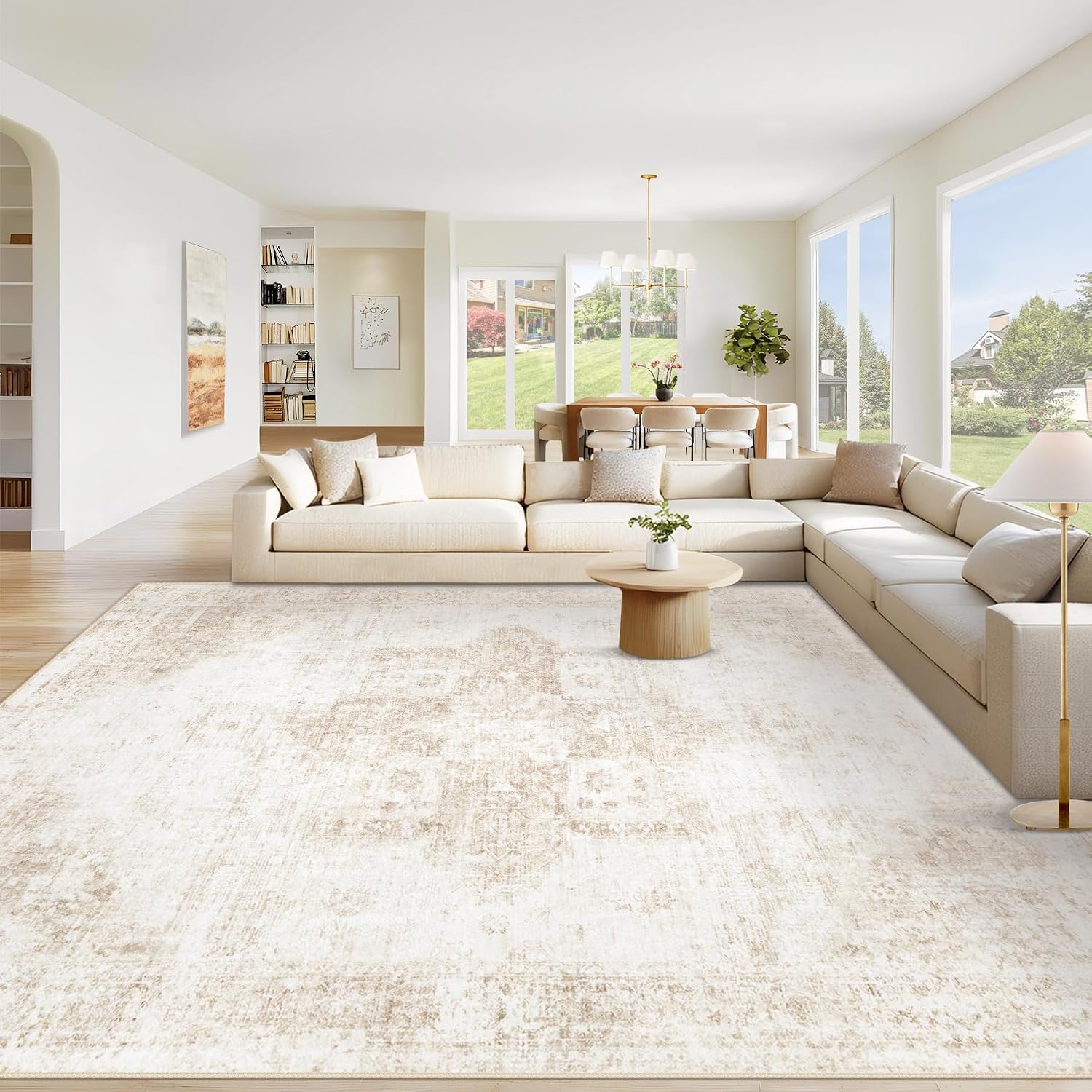Area Rug 8x10 Washable Rug, Vintage Boho Medallion Rugs Non-Slip Soft Low Pile Large Distressed Rug Indoor Retro Carpet for Living Room Bedroom Dining Room Office Children's Room(Beige, 8'x10')