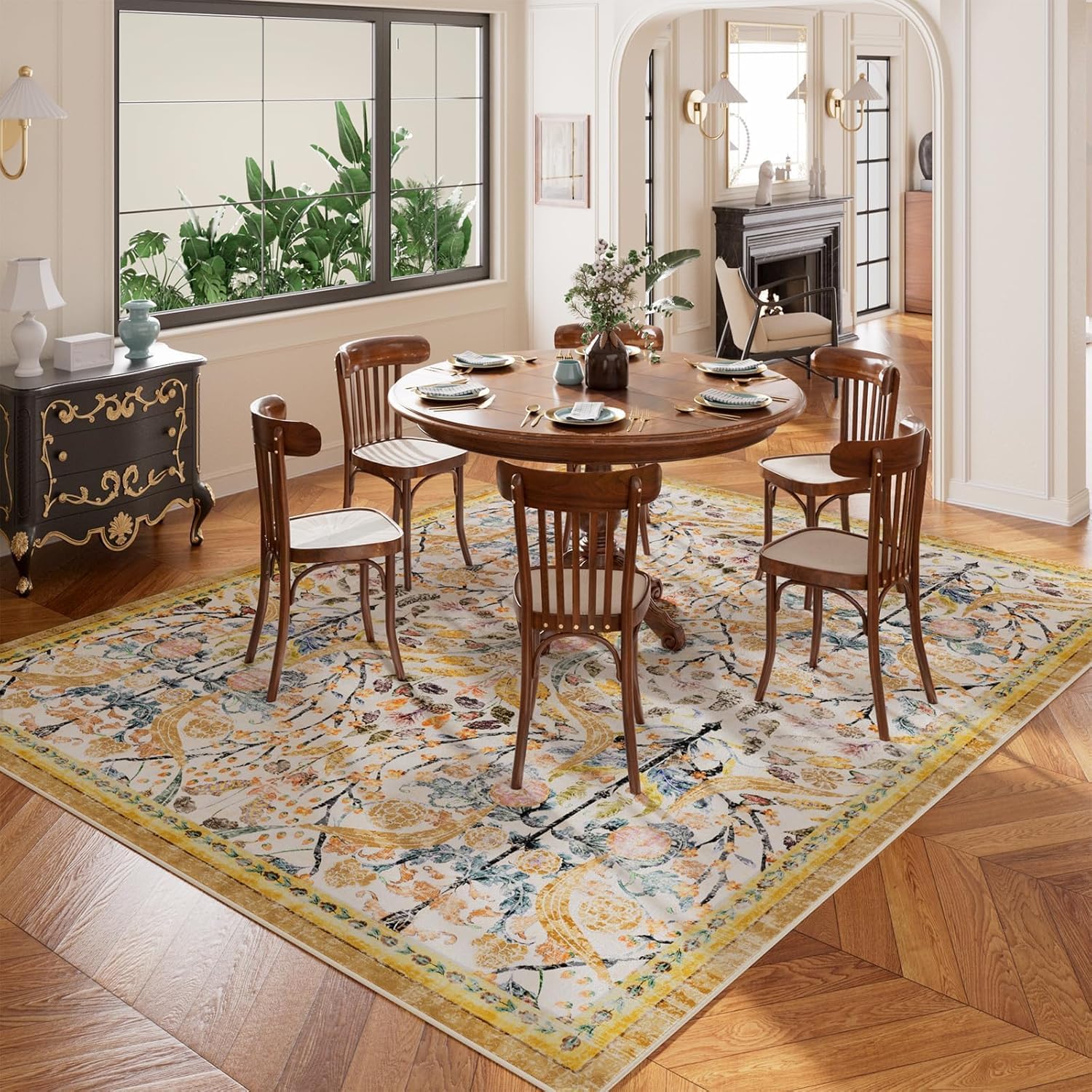 9x12 Washable Area Rugs for Living Room, Non-Slip&Non-Shedding Floral Large Soft Boho Vintage Print Carpet for Bedroom Girls Room Dorm Dining Room Farmhouse Nursery Home Office, Golden Yellow