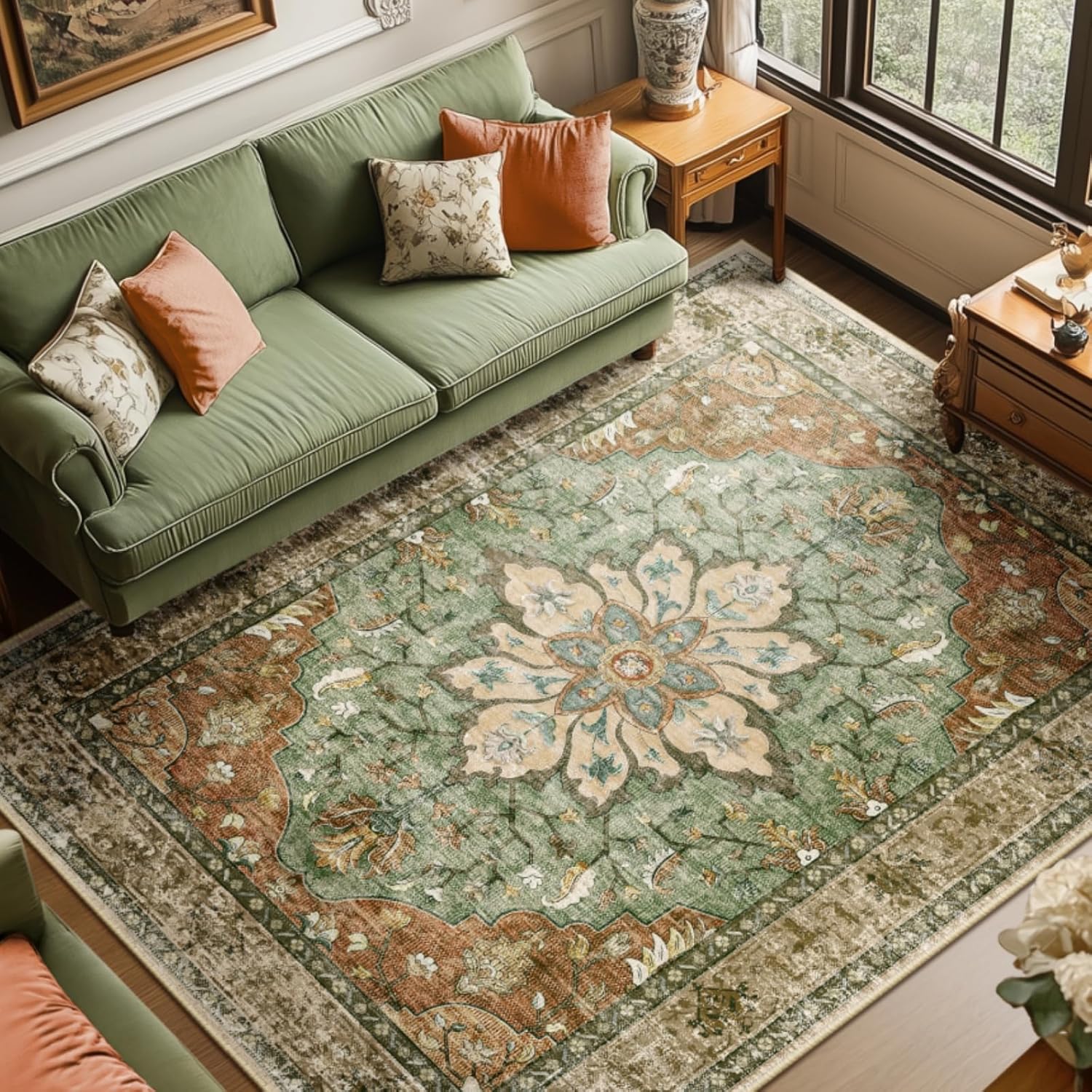 Area Rugs 8'x10' Washable Non-Slip, Floral Vintage Distress Medallion Carpet for Living Room Bedroom Dining Room, Terracotta Burnt Orange Green