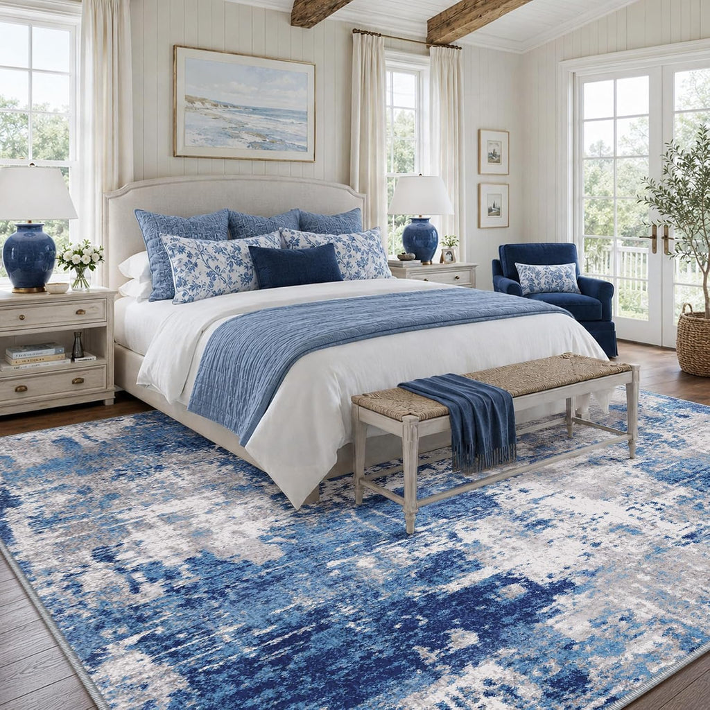 Washable Area Rugs 5'x7' Non-Slip Modern Abstract Soft for Living Room Entryway Bedroom Kitchen, Print Pattern, Blue Grey Navy Gray