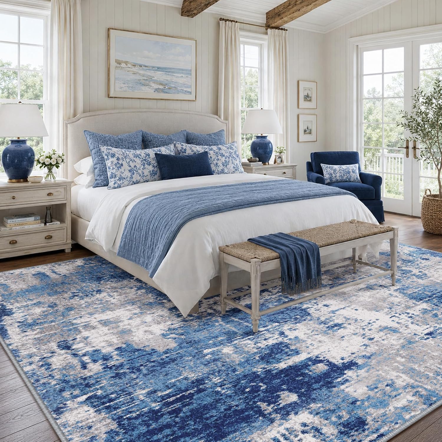 Washable Area Rugs 5'x7' Non-Slip Modern Abstract Soft for Living Room Entryway Bedroom Kitchen, Print Pattern, Blue Grey Navy Gray