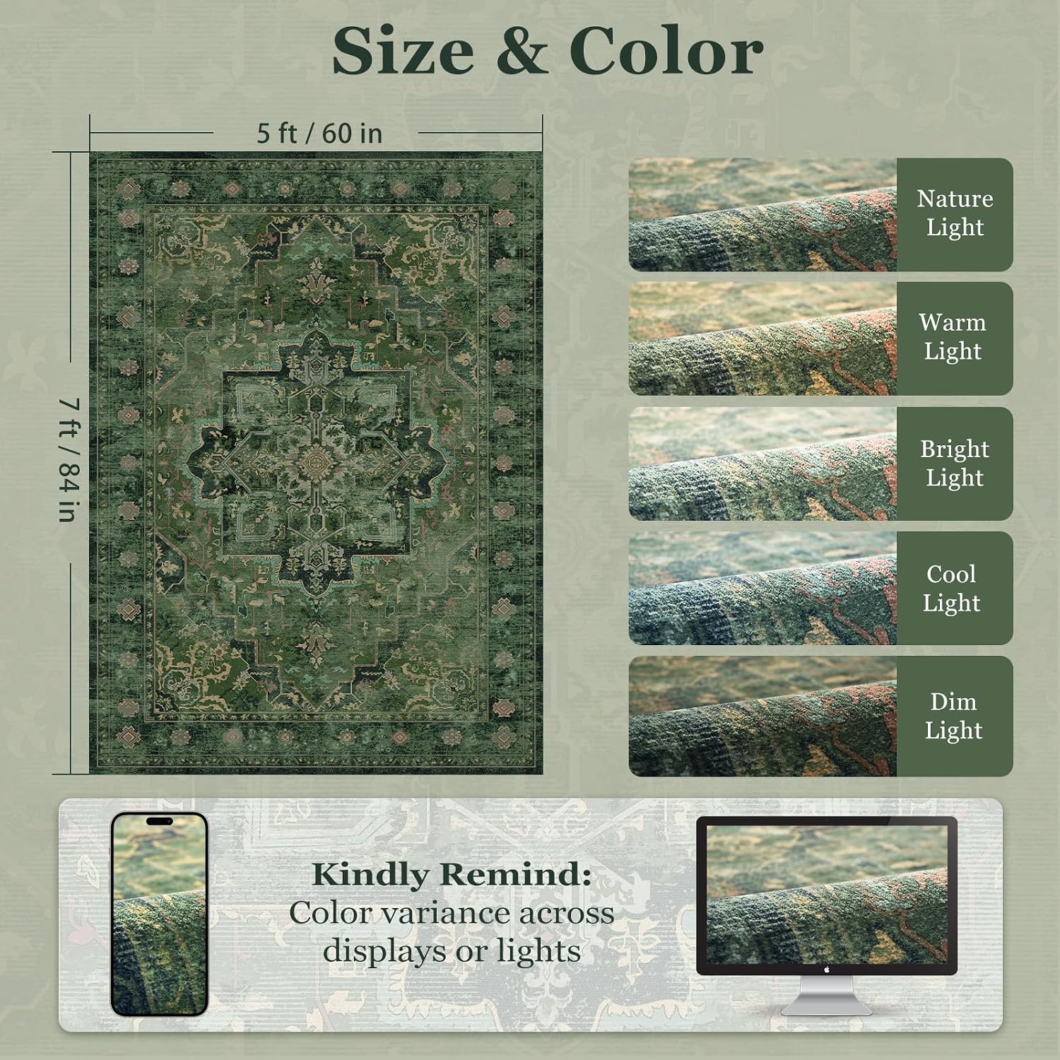 Vintage Dark Green Area Rugs 5x7 for Living Room, Tranditional Distressed Medallion Printed Low Pile Thin Rugs for Bedroom, Non Slip Washable Carpet Rugs for Dining Room/Kitchen/Home Office