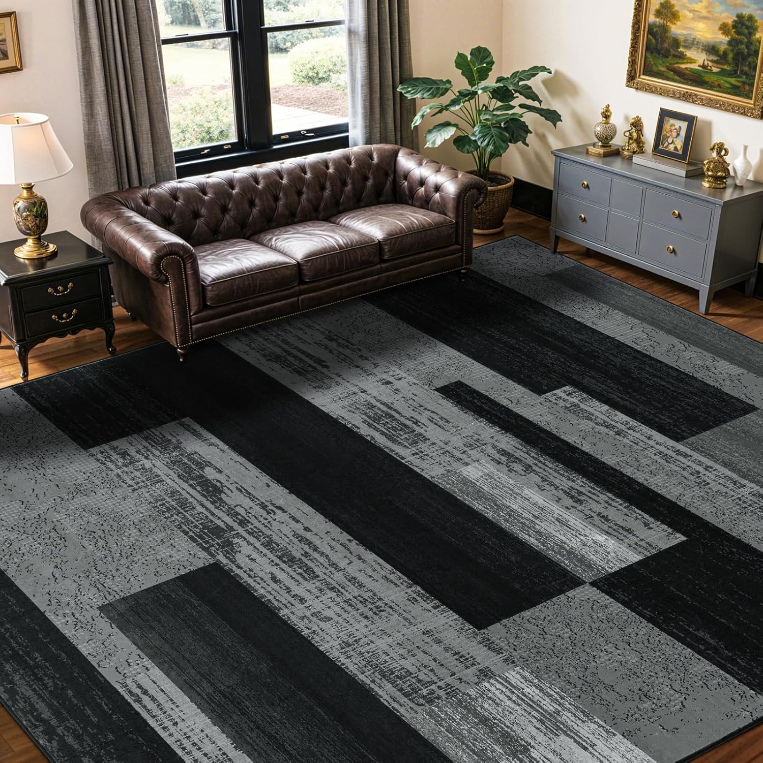8x10 Washable Area Rugs for Living Room and Bedroom, Vintage Checkered Pattern Non-Slip Carpet, Stain Resistant Low Pile Soft Rug for Dining Room,Office,Nursery,Kids Room(8x10,Gray)