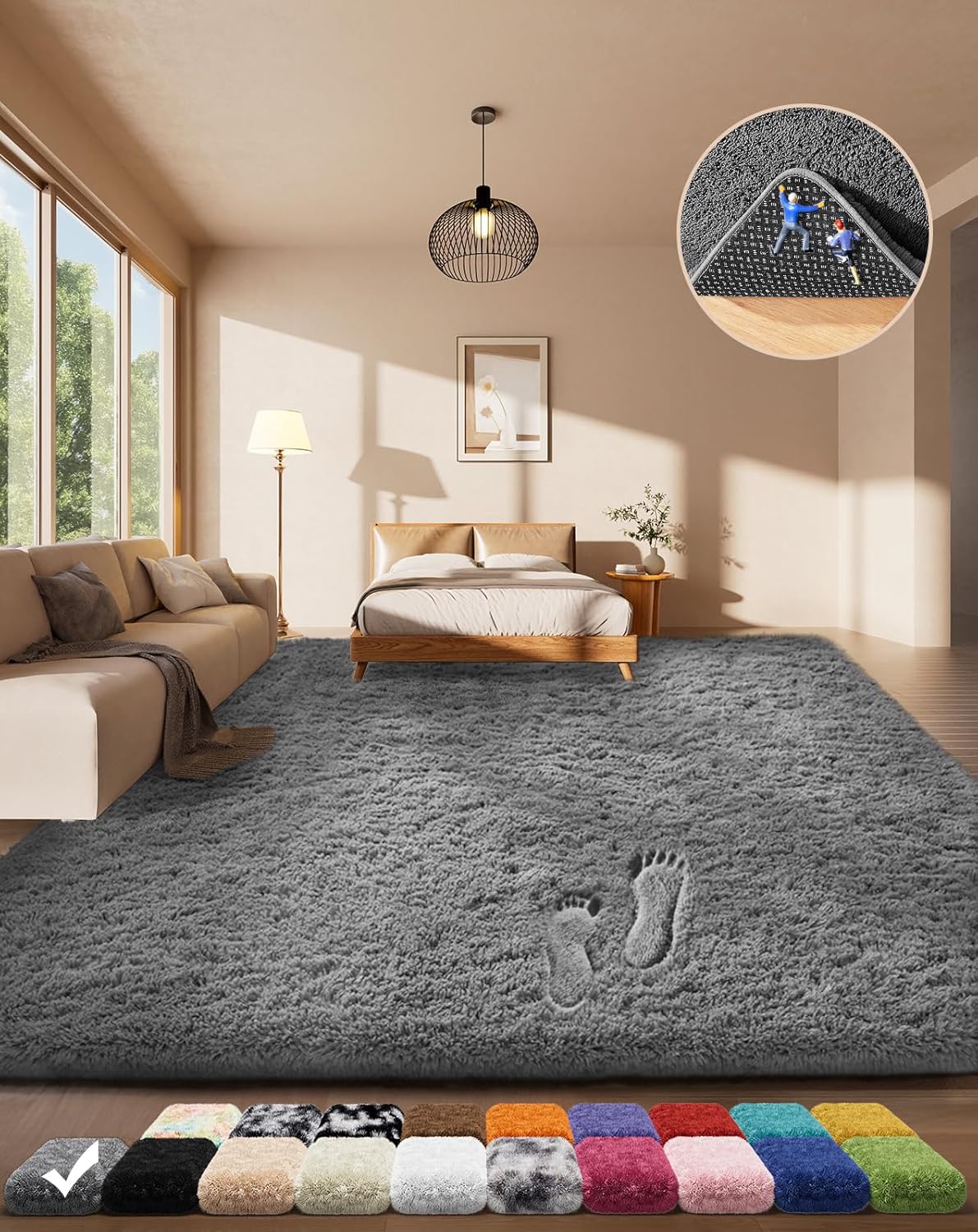 Area Rugs for Living Room Bedroom, Washable Non-Slip Fluffy Soft Grey Shag Carpet, Indoor Floor Gray 4x6 Fuzzy Shaggy Living Room Plush Rug for Kids Home Dorm Decor Aesthetic