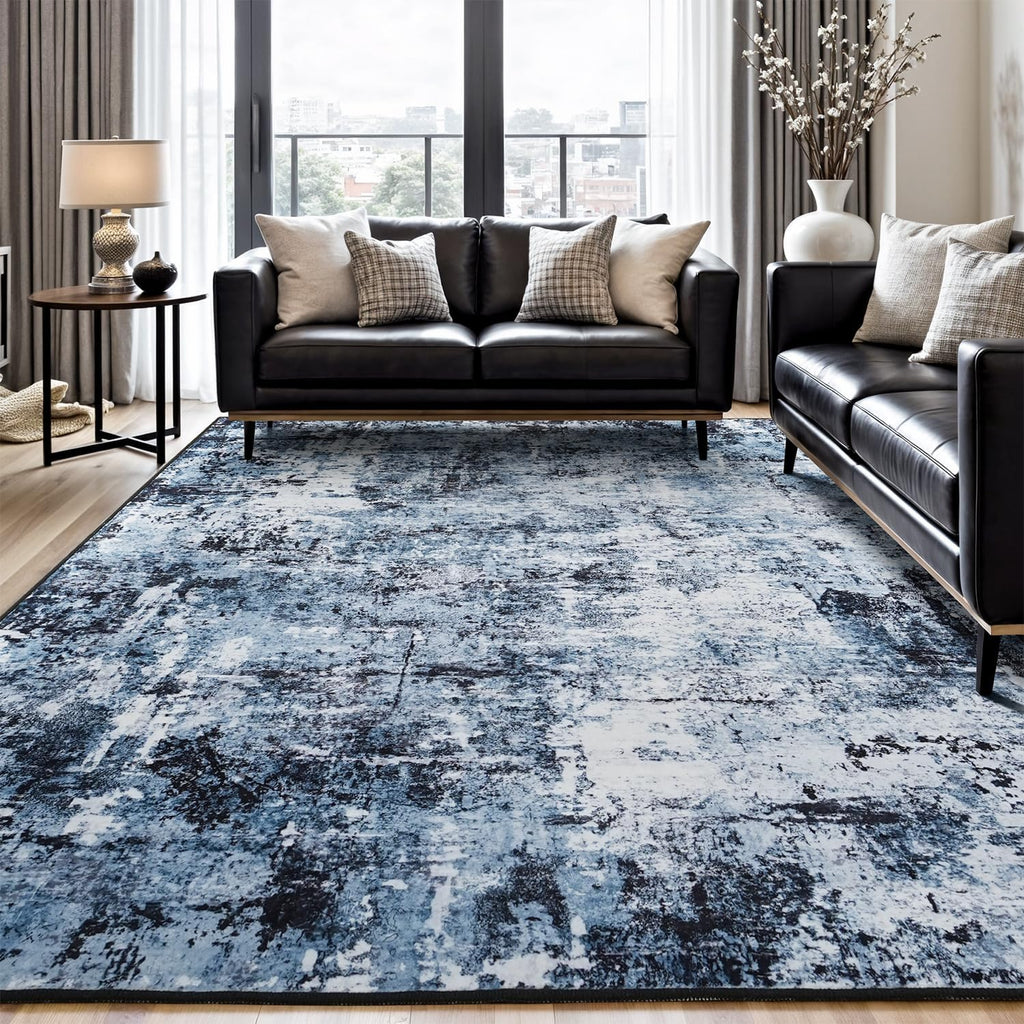 8x10 Area Rugs for Living Room, Washable Large Rug Stain-Resistant Low Pile, Modern Dark Carpet for Dining Room Home Office Kid Room Nursery Bedroom, Navy Blue/Black