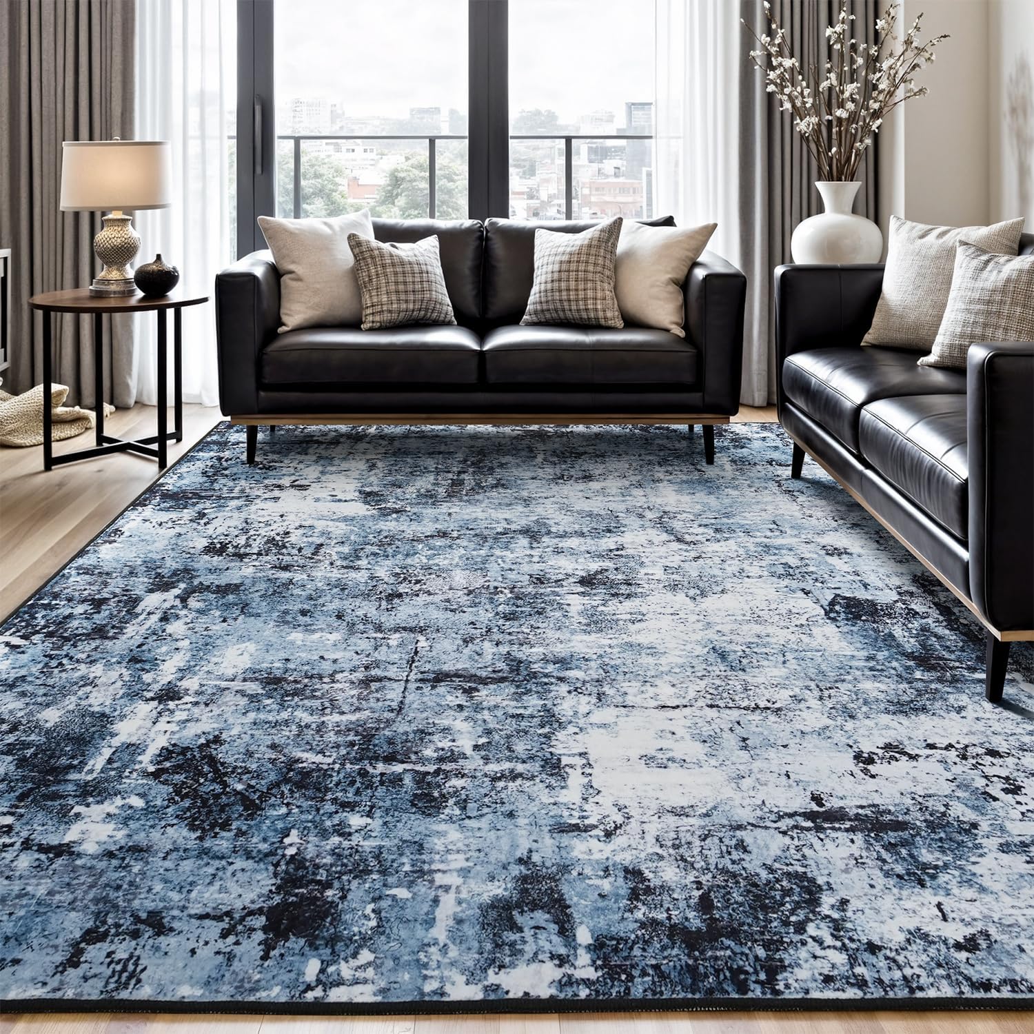8x10 Area Rugs for Living Room, Washable Large Rug Stain-Resistant Low Pile, Modern Dark Carpet for Dining Room Home Office Kid Room Nursery Bedroom, Navy Blue/Black