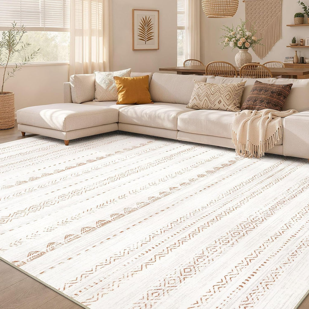 Area Rug Living Room Rugs: 5x7 Large Soft Machine Washable Boho Moroccan FarmNeutral Stain Resistant Indoor Floor Carpet for Bedroom Under Dining Table Home Office Decor-Cream Brown