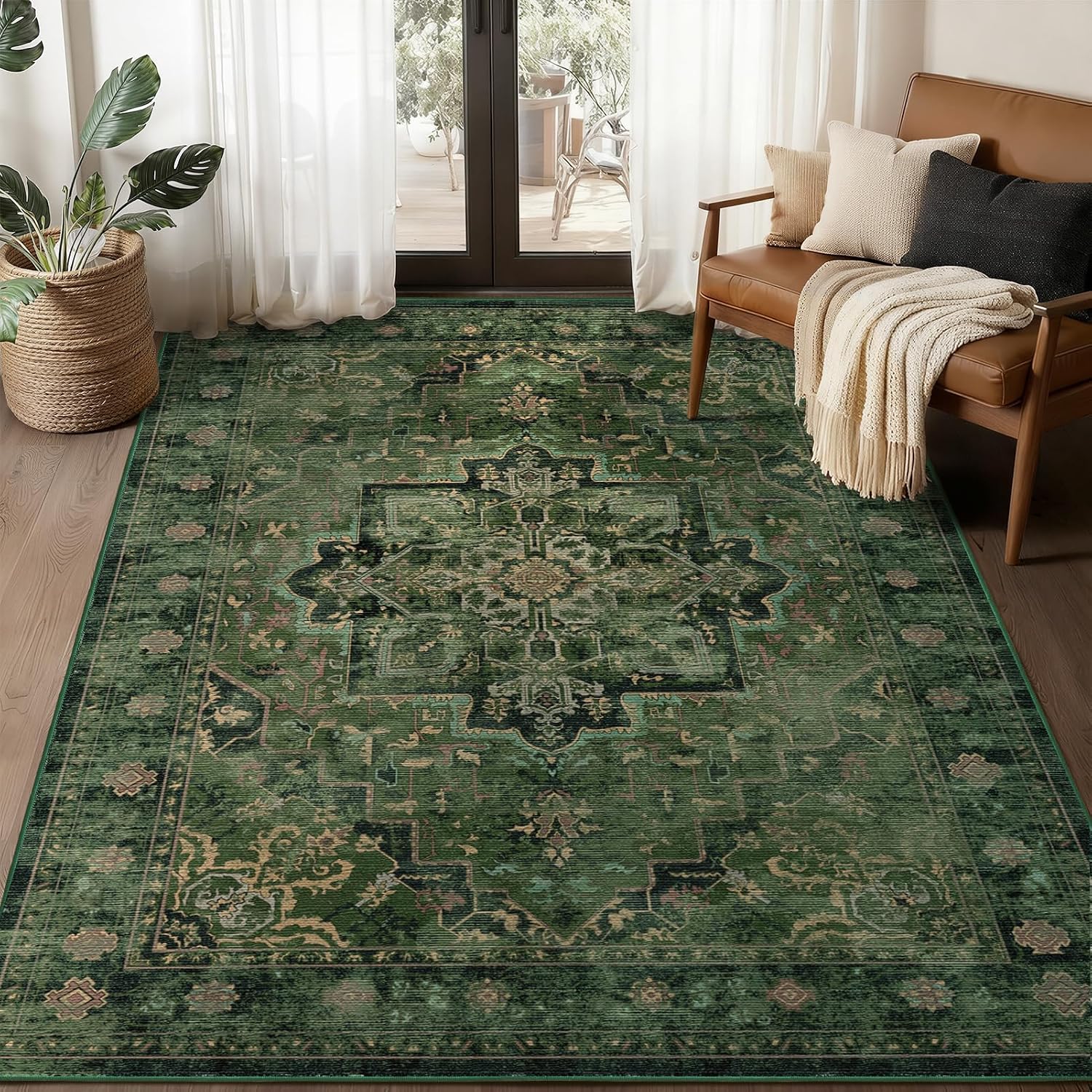 Vintage Dark Green Area Rugs 5x7 for Living Room, Tranditional Distressed Medallion Printed Low Pile Thin Rugs for Bedroom, Non Slip Washable Carpet Rugs for Dining Room/Kitchen/Home Office