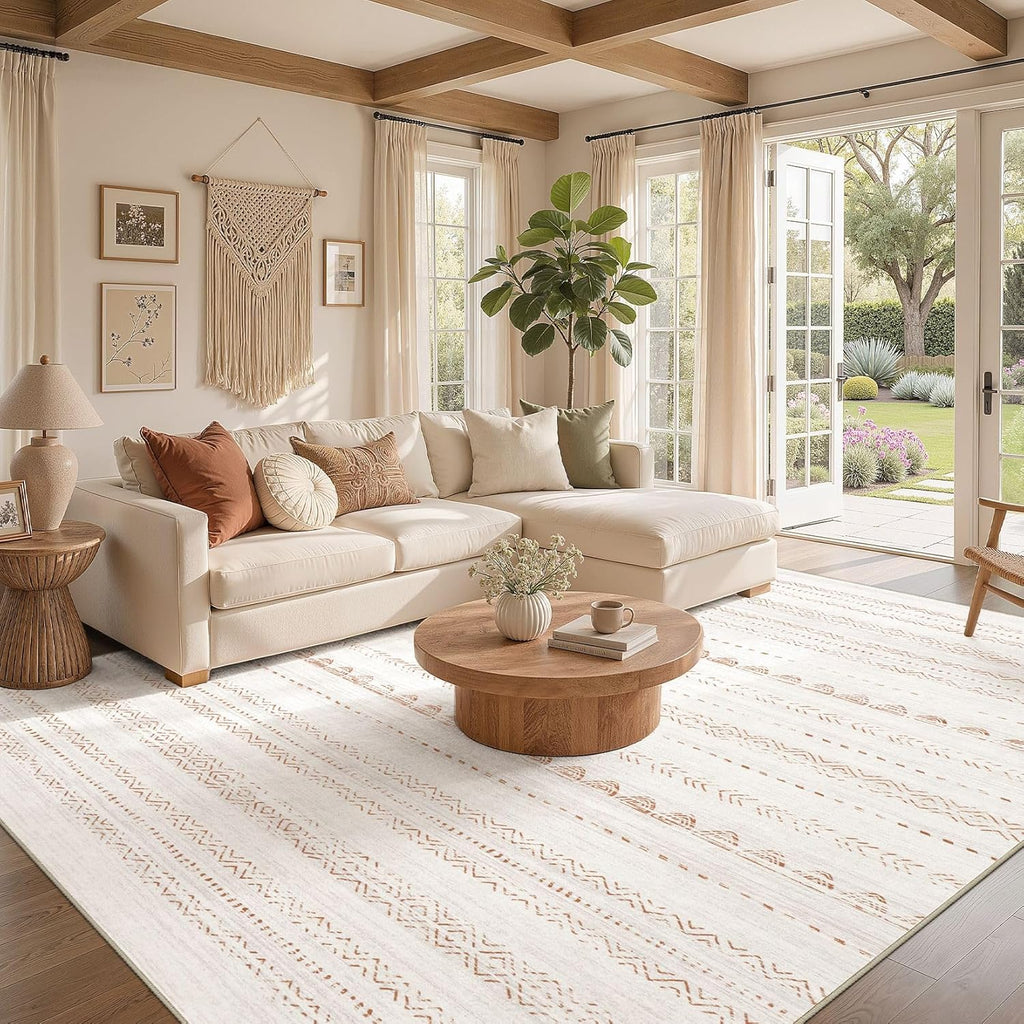 Area Rug Living Room Rugs: 5x7 Large Soft Machine Washable Boho Moroccan FarmNeutral Stain Resistant Indoor Floor Carpet for Bedroom Under Dining Table Home Office Decor-Cream Brown