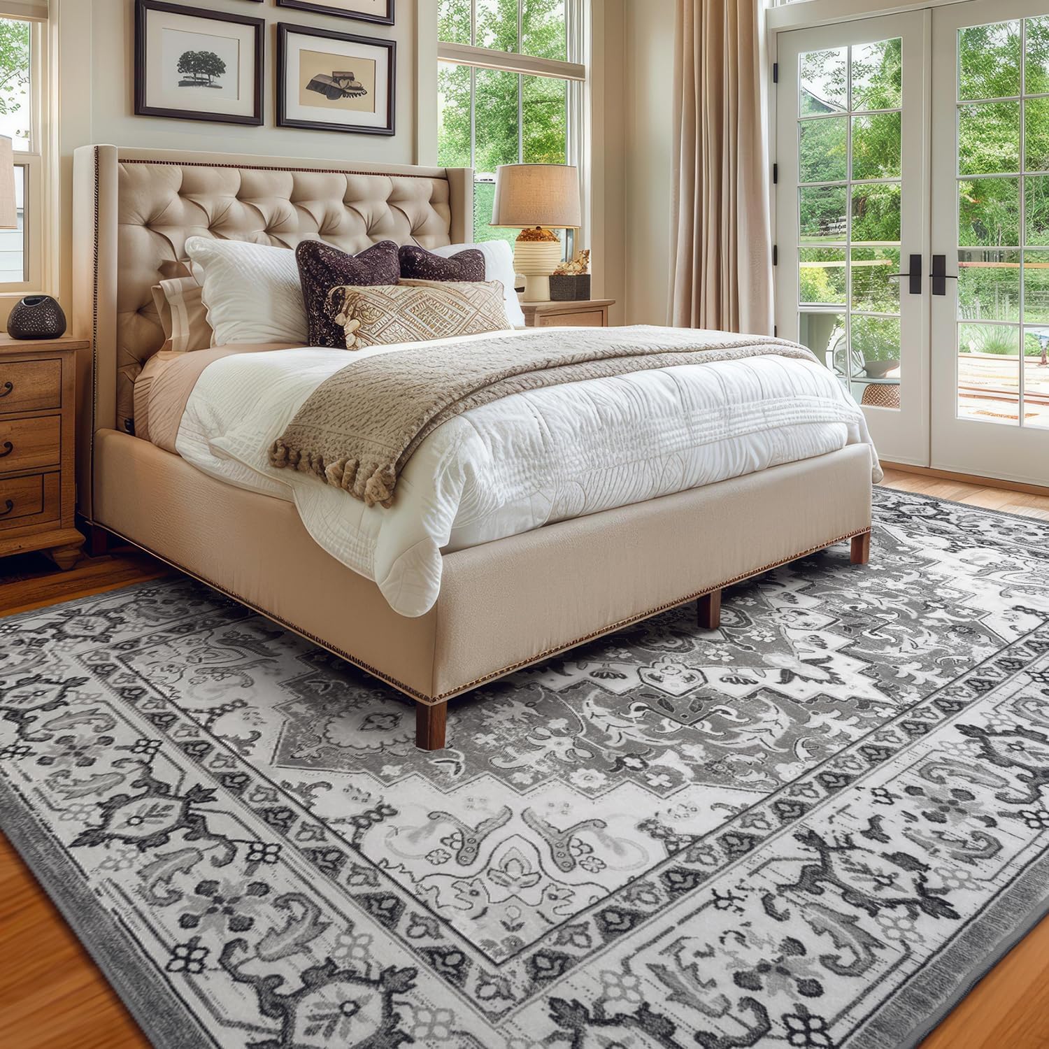 8 x 10 Area Rugs for Living Room- Machine Washable Area Rugs Boho Faux Wool Low Pile Area Rug for Bedroom, Floral Medallion Vintage Rugs with Non-Slip Rubber, Kid & Pet Friendly, Grey White