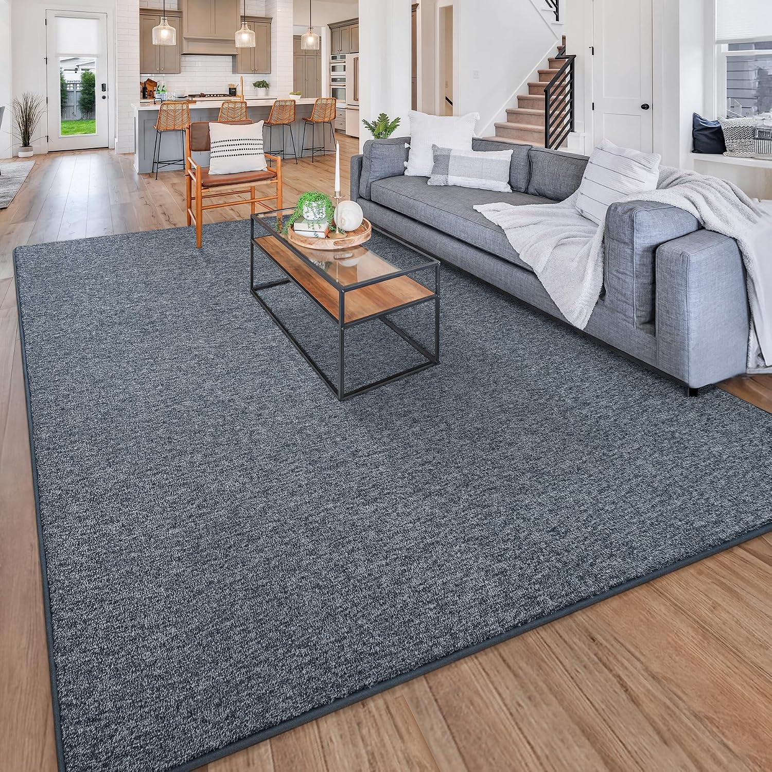 Modern 3x5 Area Rugs for Bedroom Living Room, Memory Foam Low-plie Carpet Rug for Kids Playroom, Indoor Floor Rug for Bedside Dorm Dining Room Home Decor, Dark Blue and White