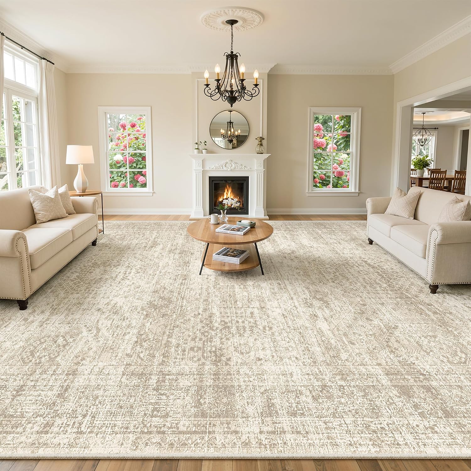 10x14 Area Rugs for Living Room, Non Slip Machine Washable Vintage Rugs, Low Pile Lightweight Large Rug for Bedroom, Dining Room, Home Office Beige