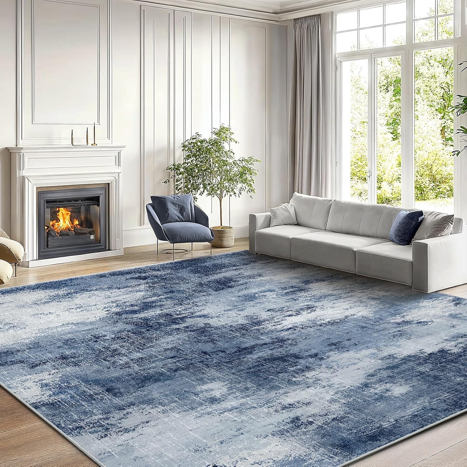 HOMEFURNISHING 8x10 Area Rugs for Living Room, Modern Washable Rug with Non-Slip Backing & Low Pile, Large Rug with Abstract Print Pattern for Bedroom, Dinning Room,Home Office, Dark Blue