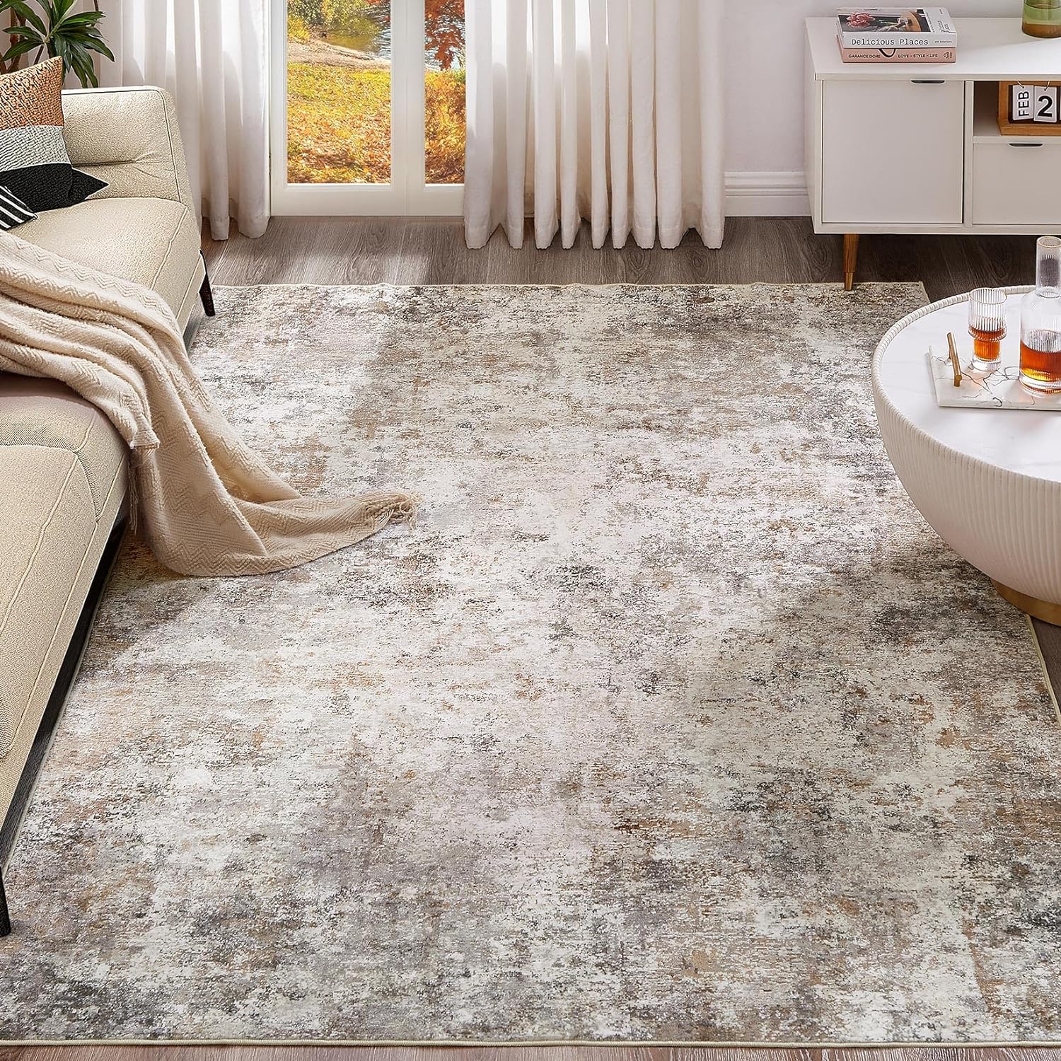 8x10 Area Rug Living Room Rugs - Washable Neutral Modern Abstract Soft Thin Large Rug Indoor Floor Non Slip Rug Carpet for Bedroom Under Dining Table Home Office Decor - Brown Grey