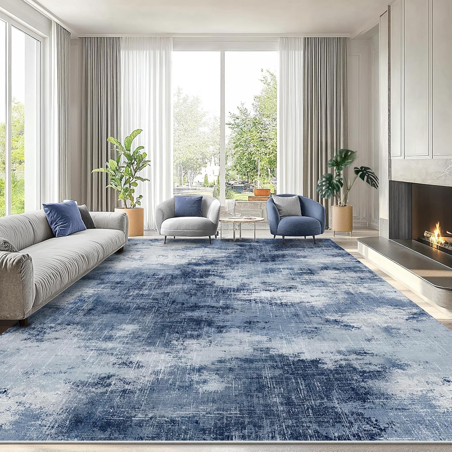HOMEFURNISHING 8x10 Area Rugs for Living Room, Modern Washable Rug with Non-Slip Backing & Low Pile, Large Rug with Abstract Print Pattern for Bedroom, Dinning Room,Home Office, Dark Blue