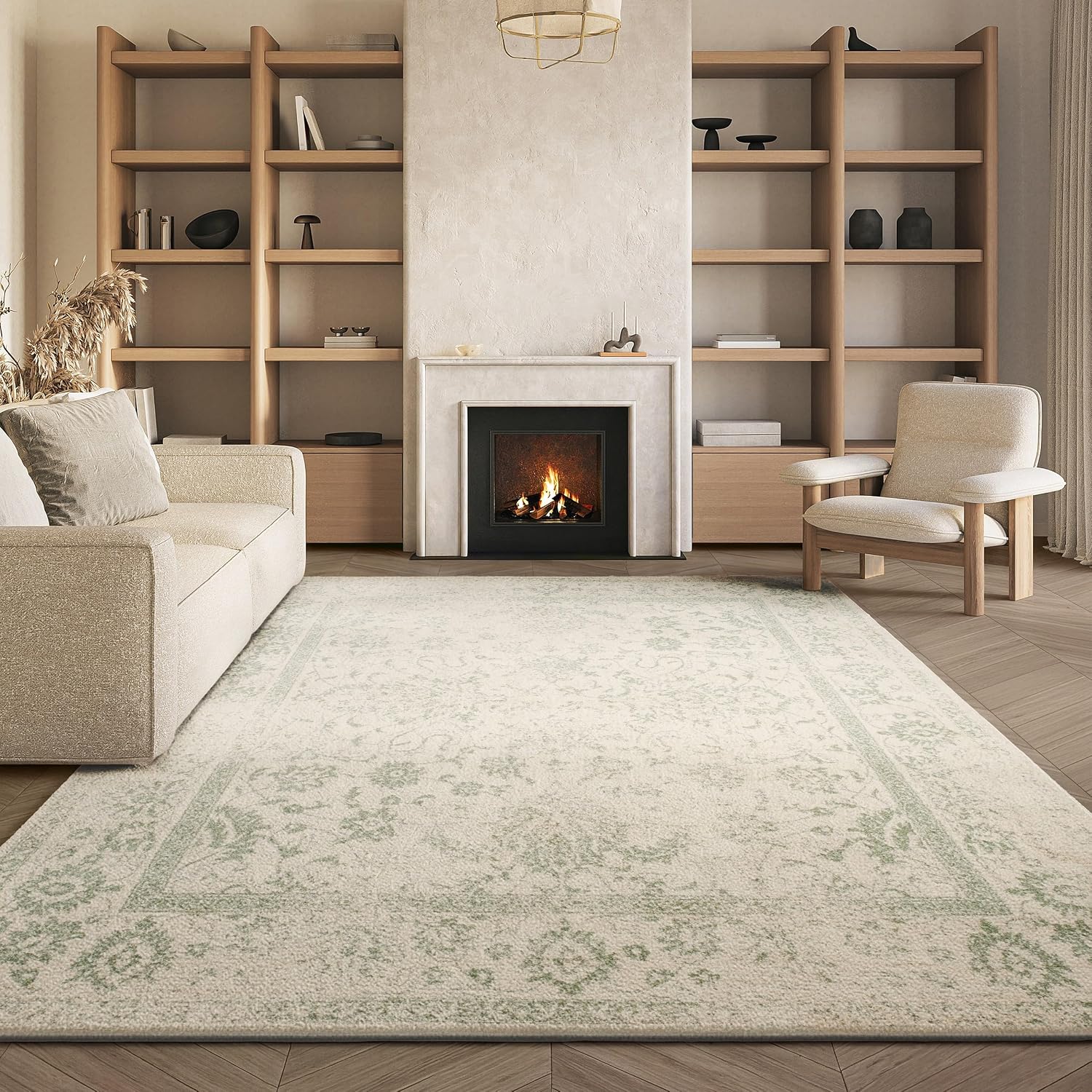 Area Rug 8x10 - Adirondack Collection - Large - Ivory & Sage, Distressed Vintage Floral Design, Non-Shedding & Easy to Clean, Ideal for Living Room, Bedroom, Dining Space