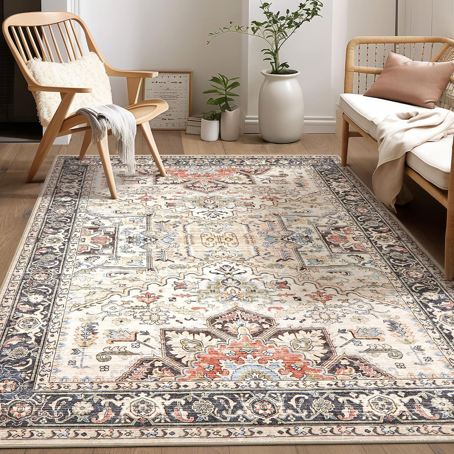 Area Rug for Living Room - 6x9 Soft Machine Washable Oriental Vintage Floral Distressed Large Indoor Floor Carpet for Bedroom Under Dining Table Home Office Decor - Multi