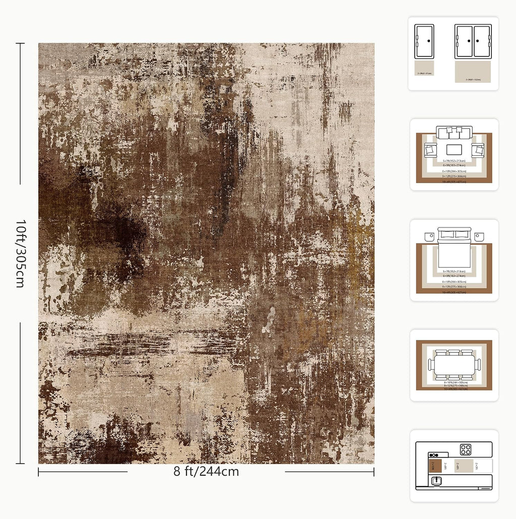 8x10 Rugs for Living Room - Modern Abstract Washable Rug, Ultra Soft Non Slip Low Pile Large Rugs, Floor Carpet for Bedroom Dining Room Office Laundry Nursery Home(A-Brown)