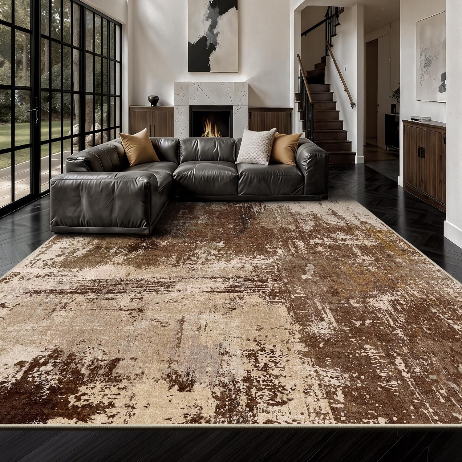 8x10 Rugs for Living Room - Modern Abstract Washable Rug, Ultra Soft Non Slip Low Pile Large Rugs, Floor Carpet for Bedroom Dining Room Office Laundry Nursery Home(A-Brown)