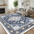 Soft 10x14 Area Rugs, Washable Rugs 10x14 with Non Slip Backing, Low-Pile Faux Cashmere 10 x 14 Carpet, Navy Blue & Gold