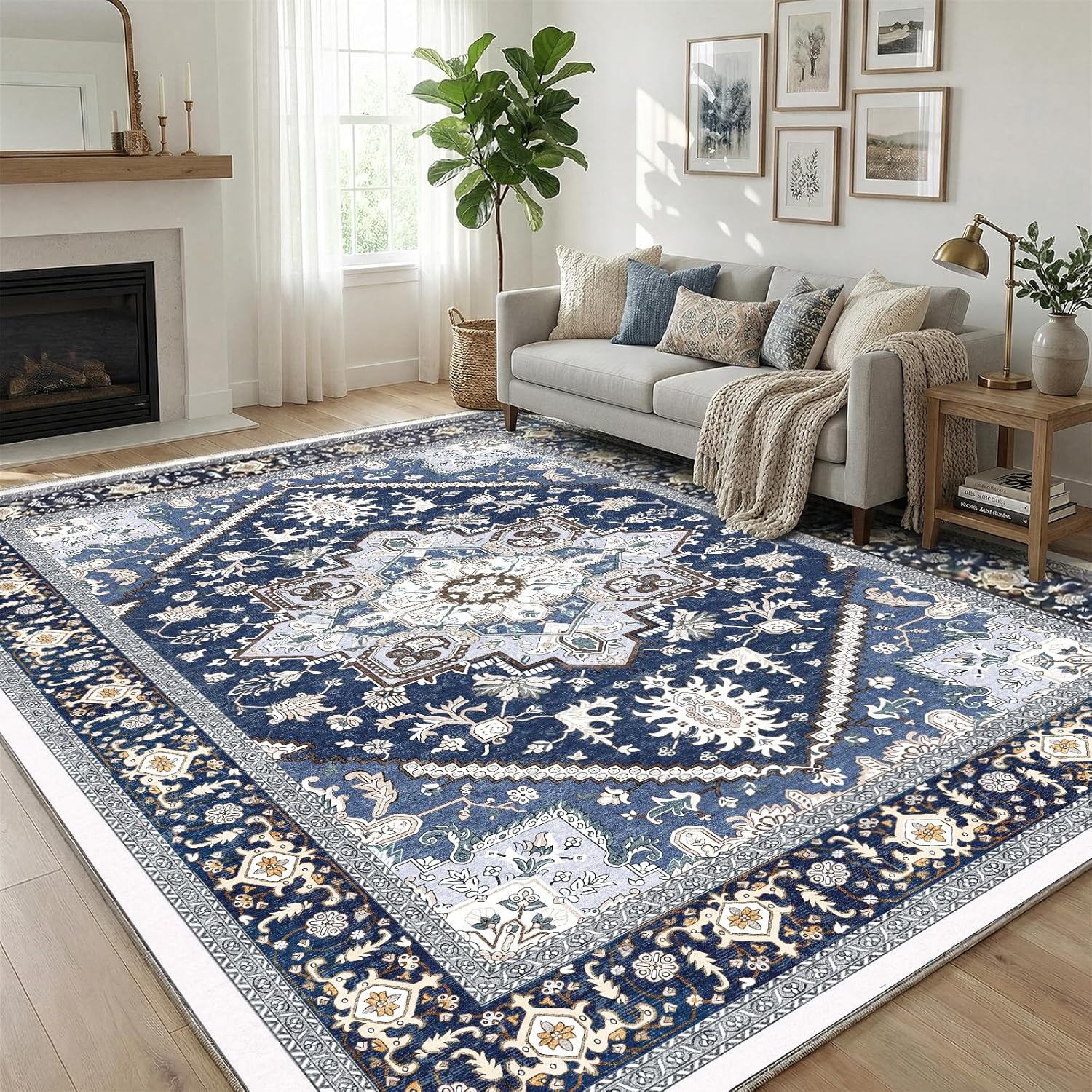 Soft 10x14 Area Rugs, Washable Rugs 10x14 with Non Slip Backing, Low-Pile Faux Cashmere 10 x 14 Carpet, Navy Blue & Gold
