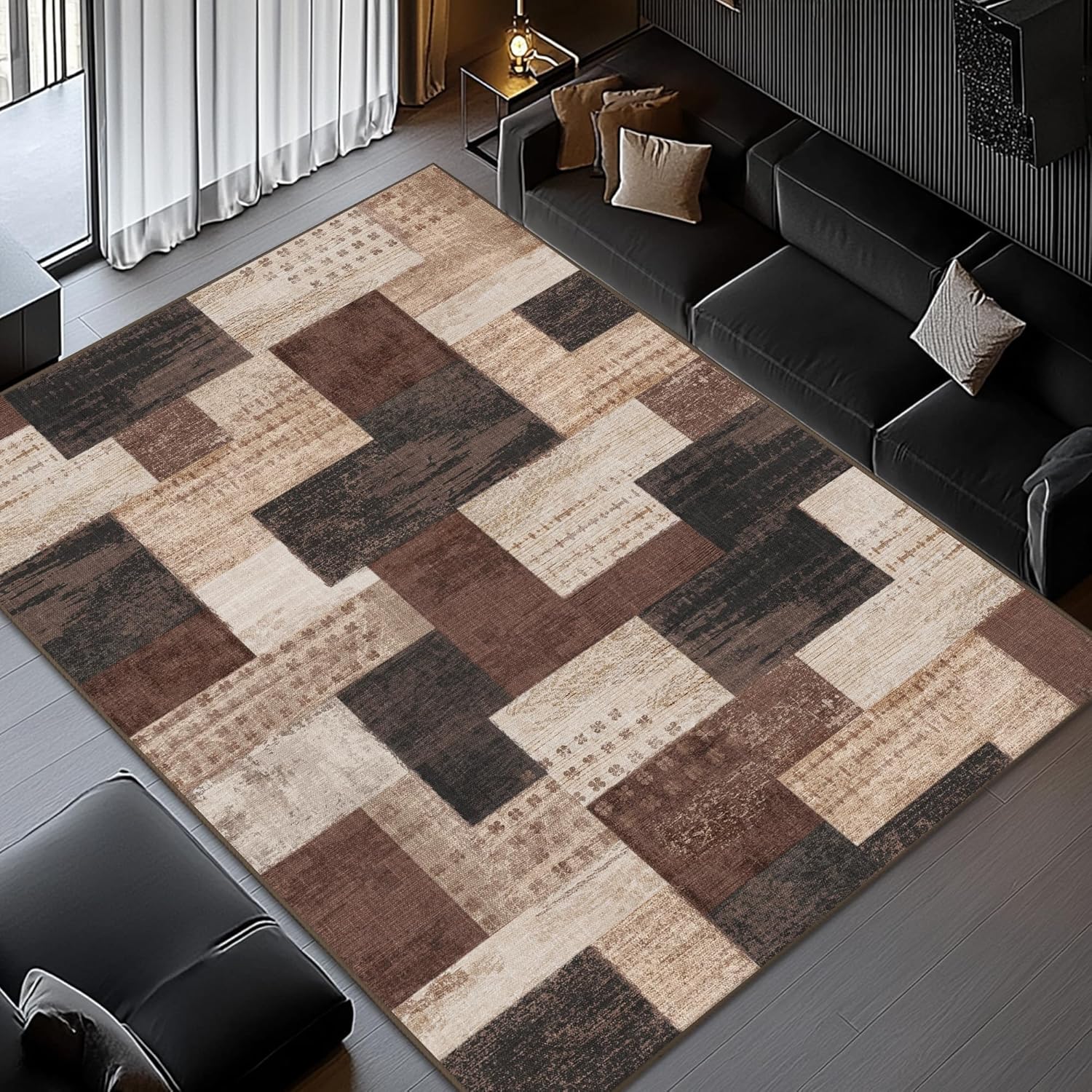 Modern Geometric Patchwork Indoor Area Rug for Living Room, Chocolate 5'x 7' Large Rug  Collection Hardwood Floors Decor for Bedroom, Brown Throw Carpet for Office Entryway Dining Room