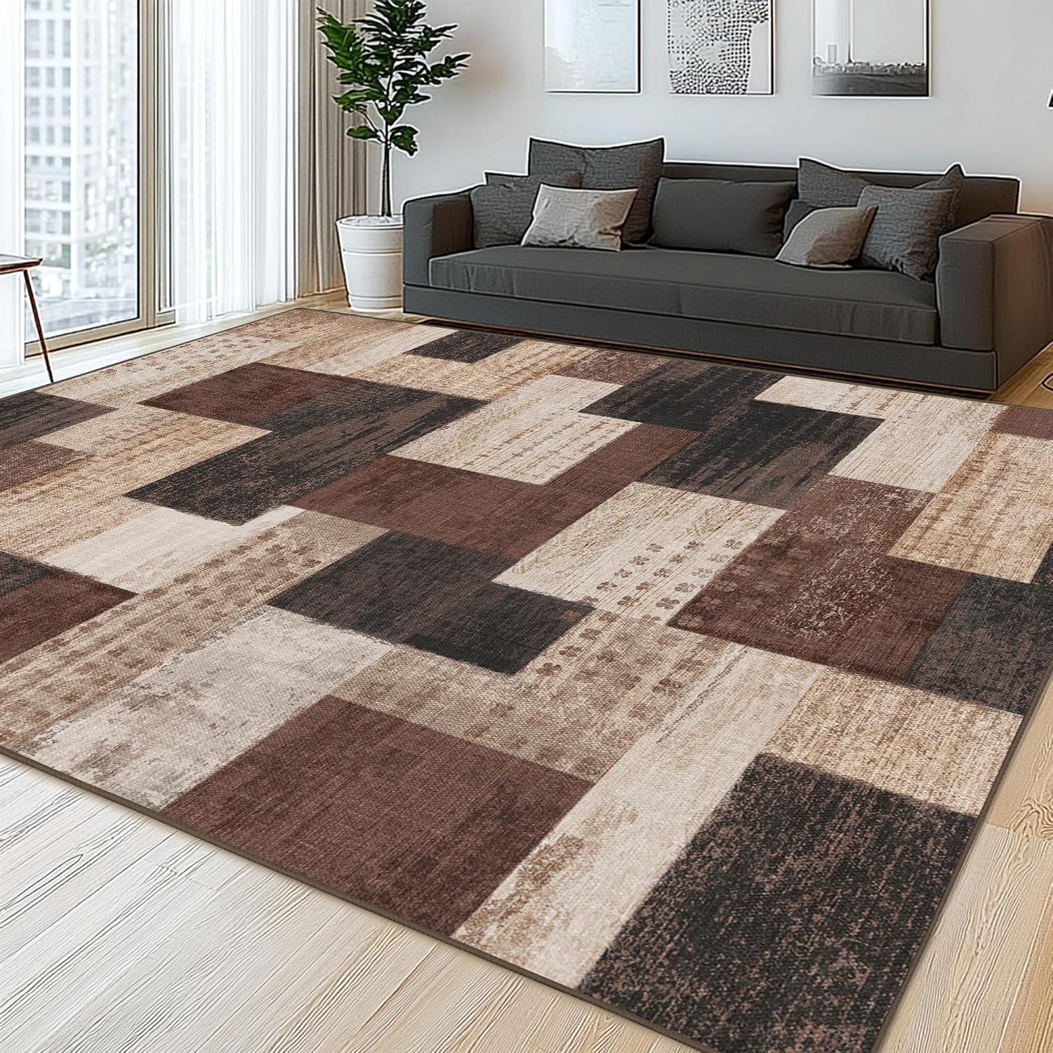 Modern Geometric Patchwork Indoor Area Rug for Living Room, Chocolate 5'x 7' Large Rug  Collection Hardwood Floors Decor for Bedroom, Brown Throw Carpet for Office Entryway Dining Room